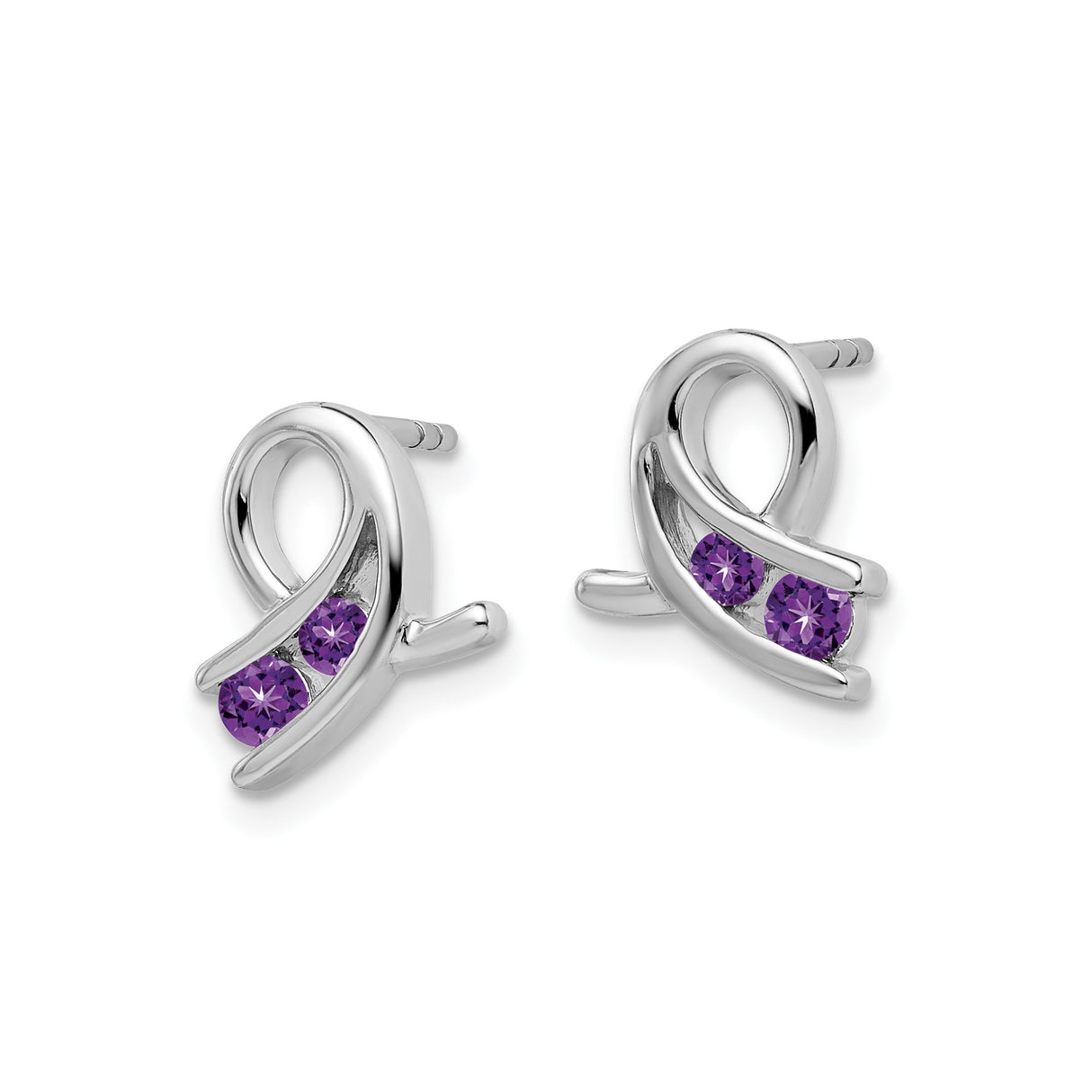 14k White Gold Amethyst Ribbon Stud Earrings, Symbolic Awareness Jewelry for Women