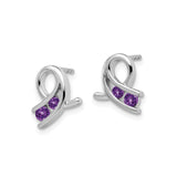 14k White Gold Amethyst Ribbon Stud Earrings, Symbolic Awareness Jewelry for Women