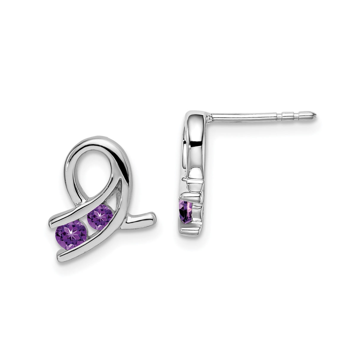 14k White Gold Amethyst Ribbon Stud Earrings, Symbolic Awareness Jewelry for Women