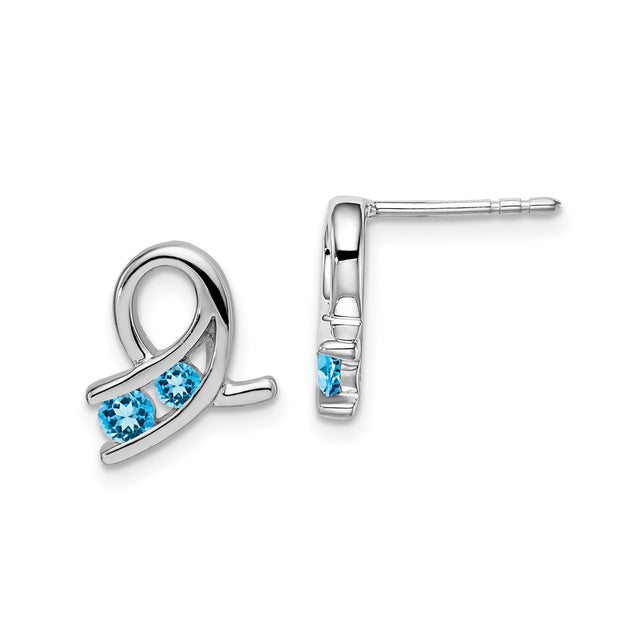 14k White Gold Ribbon Stud Earrings with Swiss Blue Topaz, Awareness Style