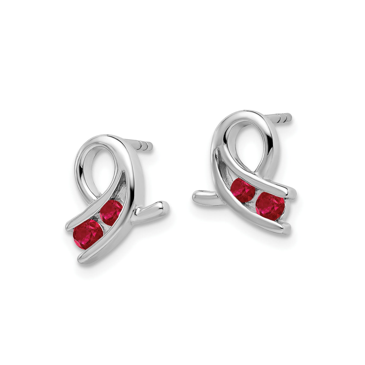 14k White Gold Ribbon Stud Earrings with Lab Created Ruby Gemstones, Symbolic Hope Design