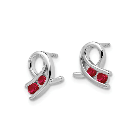 14k White Gold Ribbon Stud Earrings with Lab Created Ruby Gemstones, Symbolic Hope Design