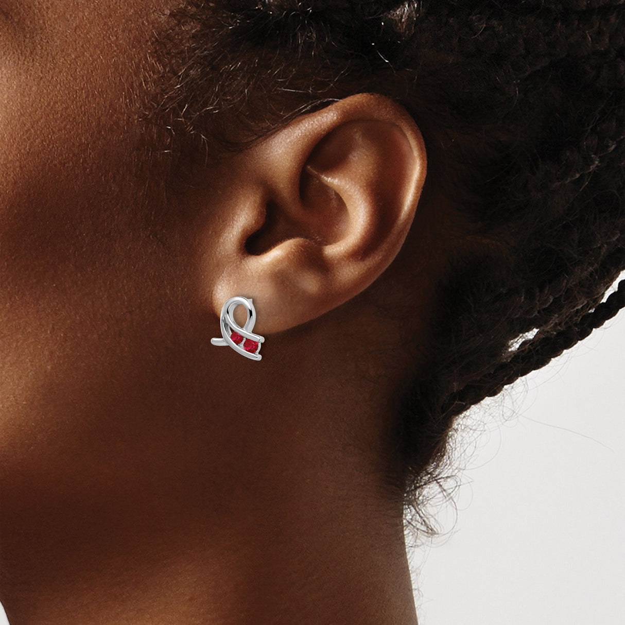 14k White Gold Ribbon Stud Earrings with Lab Created Ruby Gemstones, Symbolic Hope Design