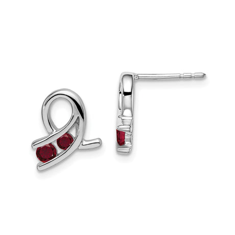 14k White Gold Ribbon Stud Earrings with Lab Created Ruby Gemstones, Symbolic Hope Design
