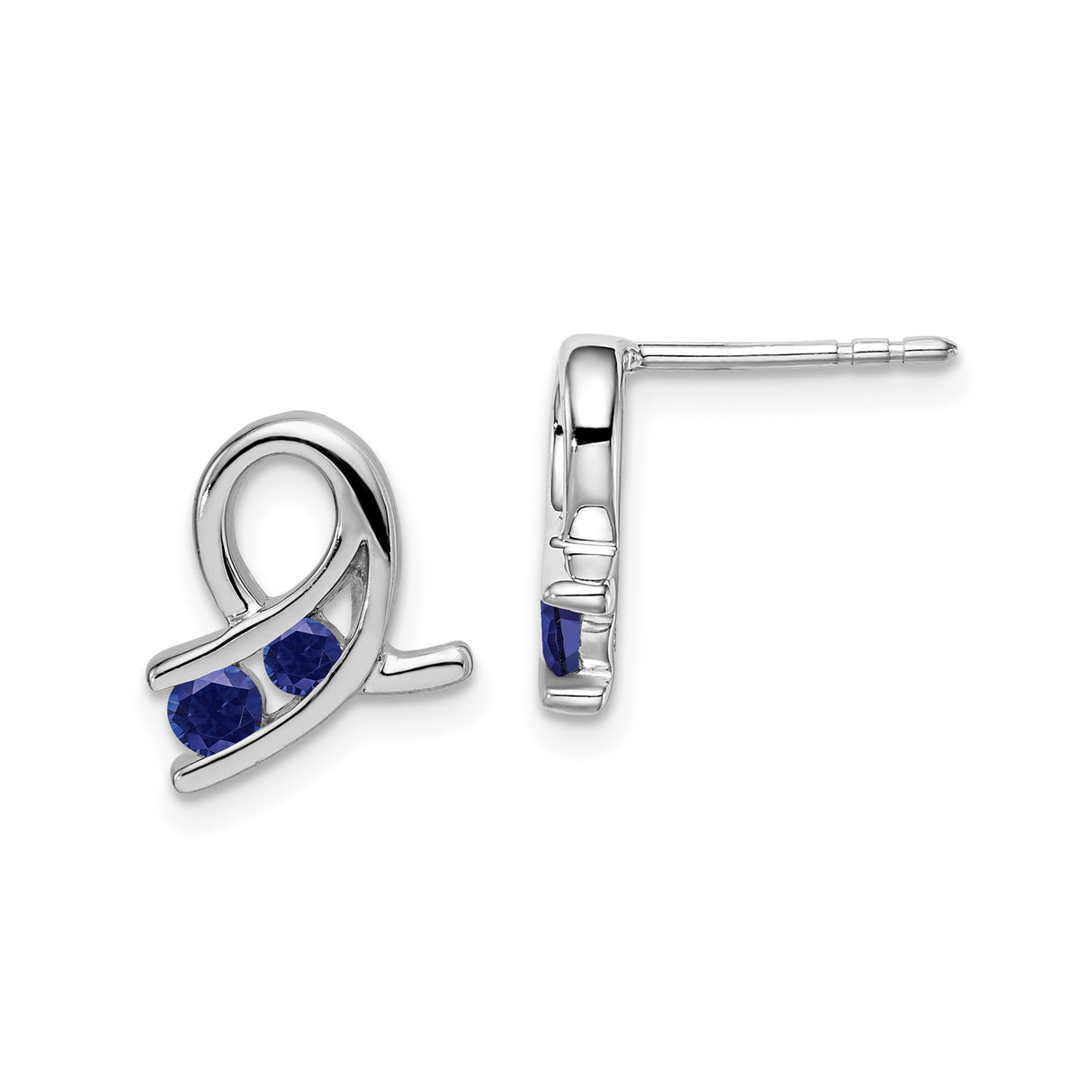 14k White Gold Stud Earrings with Created Sapphire and Abstract Ribbon Design
