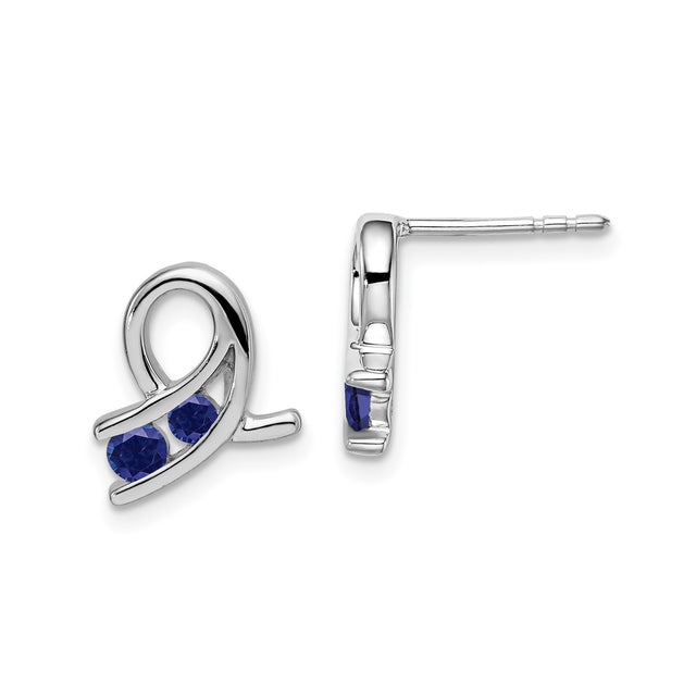 14k White Gold Stud Earrings with Created Sapphire and Abstract Ribbon Design