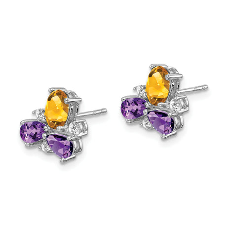 14k White Gold Stud Earrings with Amethyst, Citrine, and Diamond Accents, Floral Design