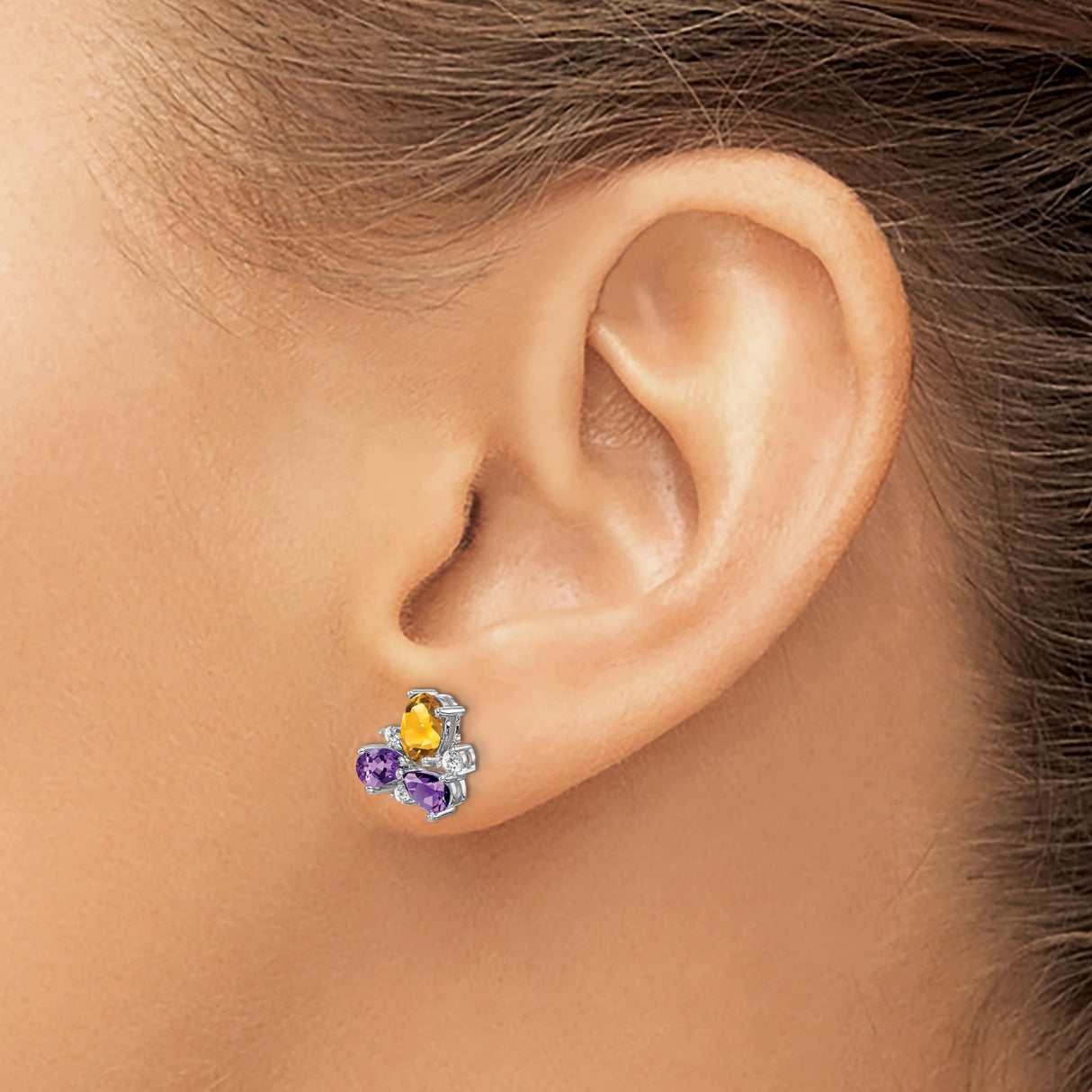 14k White Gold Stud Earrings with Amethyst, Citrine, and Diamond Accents, Floral Design