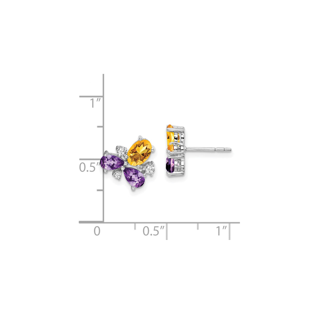 14k White Gold Stud Earrings with Amethyst, Citrine, and Diamond Accents, Floral Design
