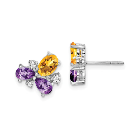 14k White Gold Stud Earrings with Amethyst, Citrine, and Diamond Accents, Floral Design