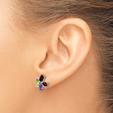 14k White Gold Floral Stud Earrings with Peridot and Garnet Cluster Design