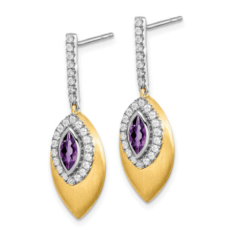 14k Two Tone Gold Drop Earrings with Amethyst and Diamond Accents, Leaf Design Dangle Jewelry