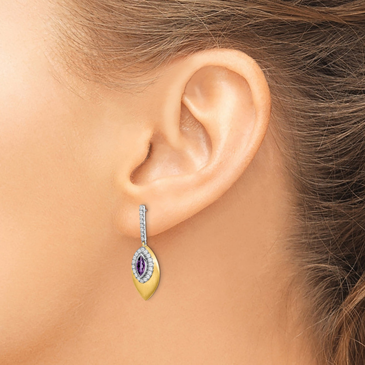 14k Two Tone Gold Drop Earrings with Amethyst and Diamond Accents, Leaf Design Dangle Jewelry