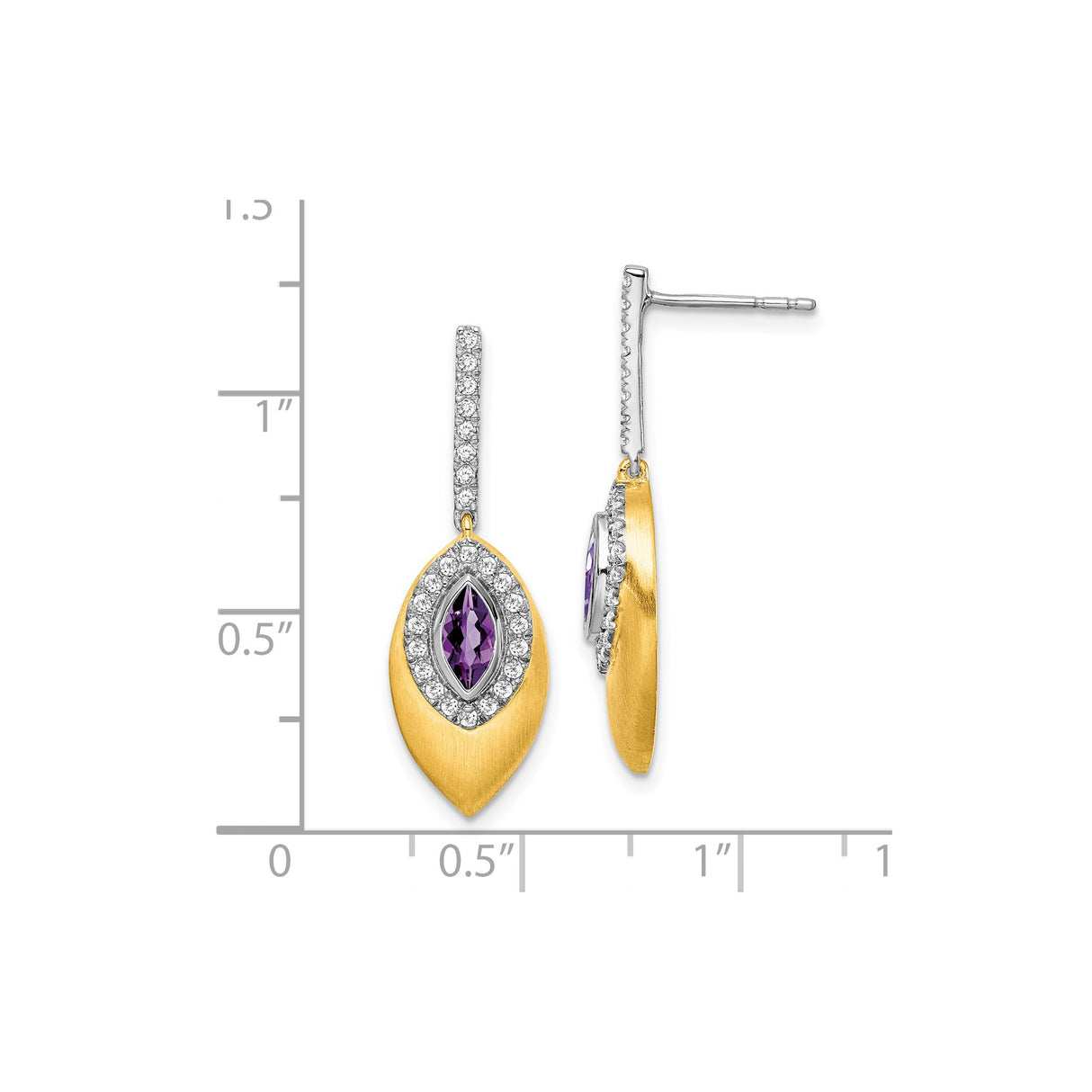 14k Two Tone Gold Drop Earrings with Amethyst and Diamond Accents, Leaf Design Dangle Jewelry