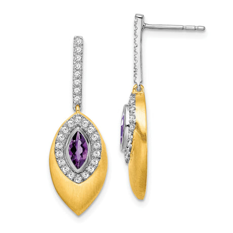 14k Two Tone Gold Drop Earrings with Amethyst and Diamond Accents, Leaf Design Dangle Jewelry