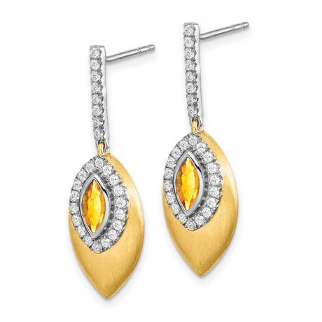 14k Two-Tone Gold Dangle Earrings with Citrine, Diamond Accents, Brushed Leaf Design