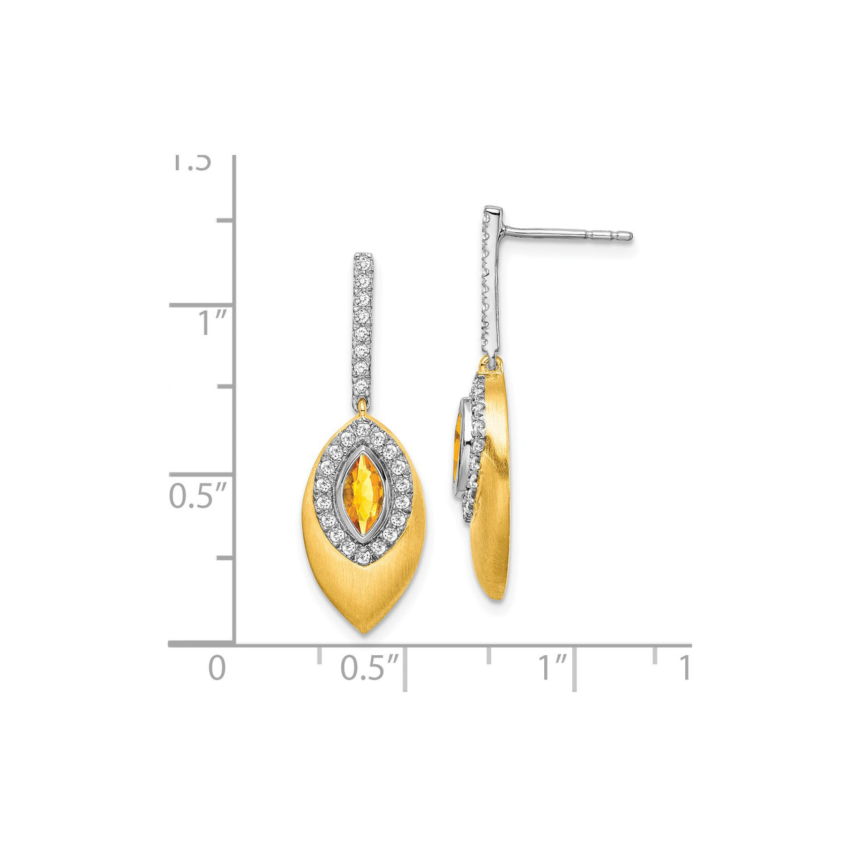 14k Two-Tone Gold Dangle Earrings with Citrine, Diamond Accents, Brushed Leaf Design