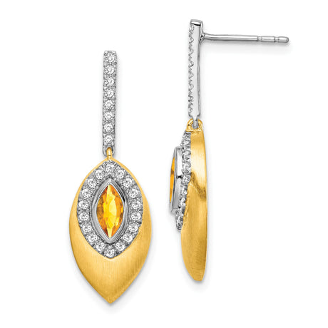 14k Two-Tone Gold Dangle Earrings with Citrine, Diamond Accents, Brushed Leaf Design