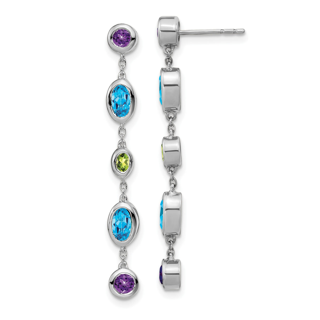 14k White Gold Drop Earrings with Swiss Blue Topaz, Amethyst, and Peridot