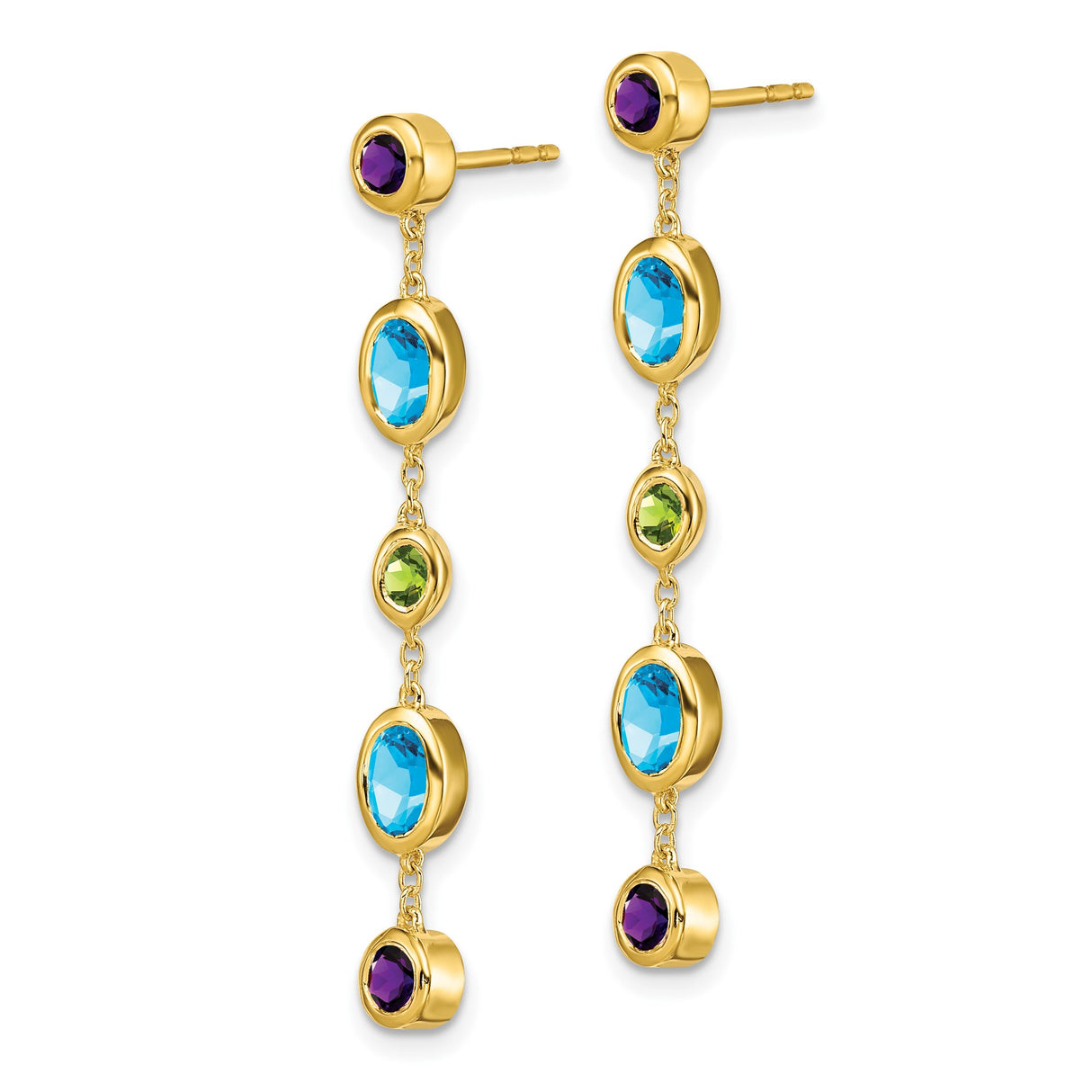 14k Yellow Gold Dangle Earrings with Swiss Blue Topaz, Amethyst, and Peridot Gemstones