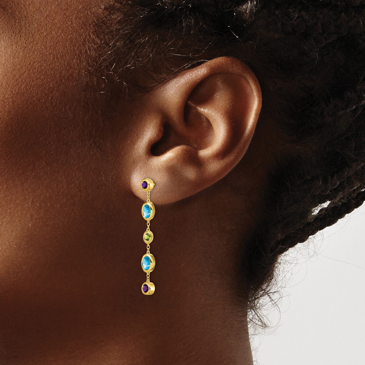 14k Yellow Gold Dangle Earrings with Swiss Blue Topaz, Amethyst, and Peridot Gemstones