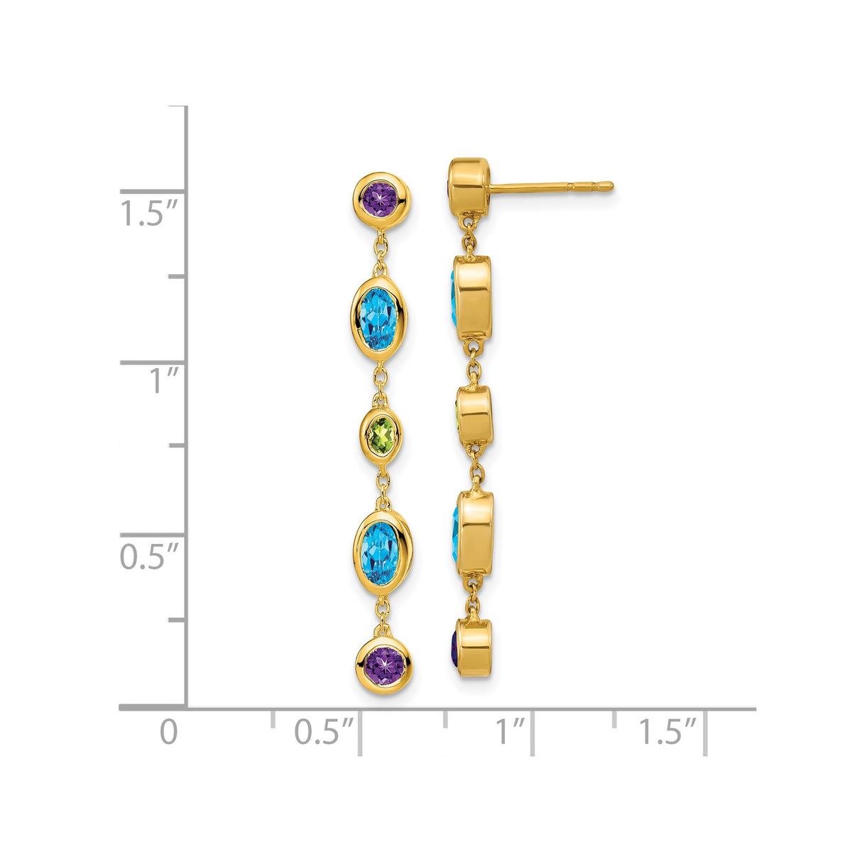 14k Yellow Gold Dangle Earrings with Swiss Blue Topaz, Amethyst, and Peridot Gemstones