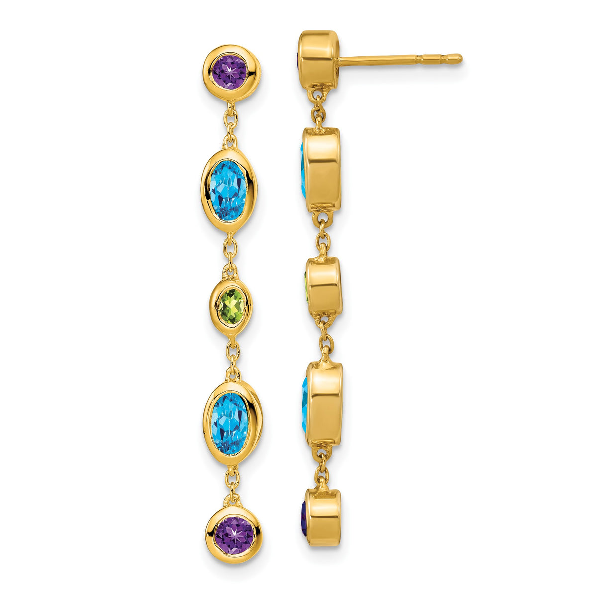 14k Yellow Gold Dangle Earrings with Swiss Blue Topaz, Amethyst, and Peridot Gemstones