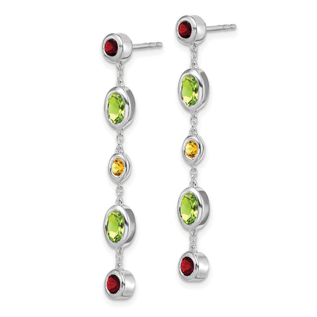 14k White Gold Dangle Earrings with Peridot and Garnet, Contemporary Multicolor Design