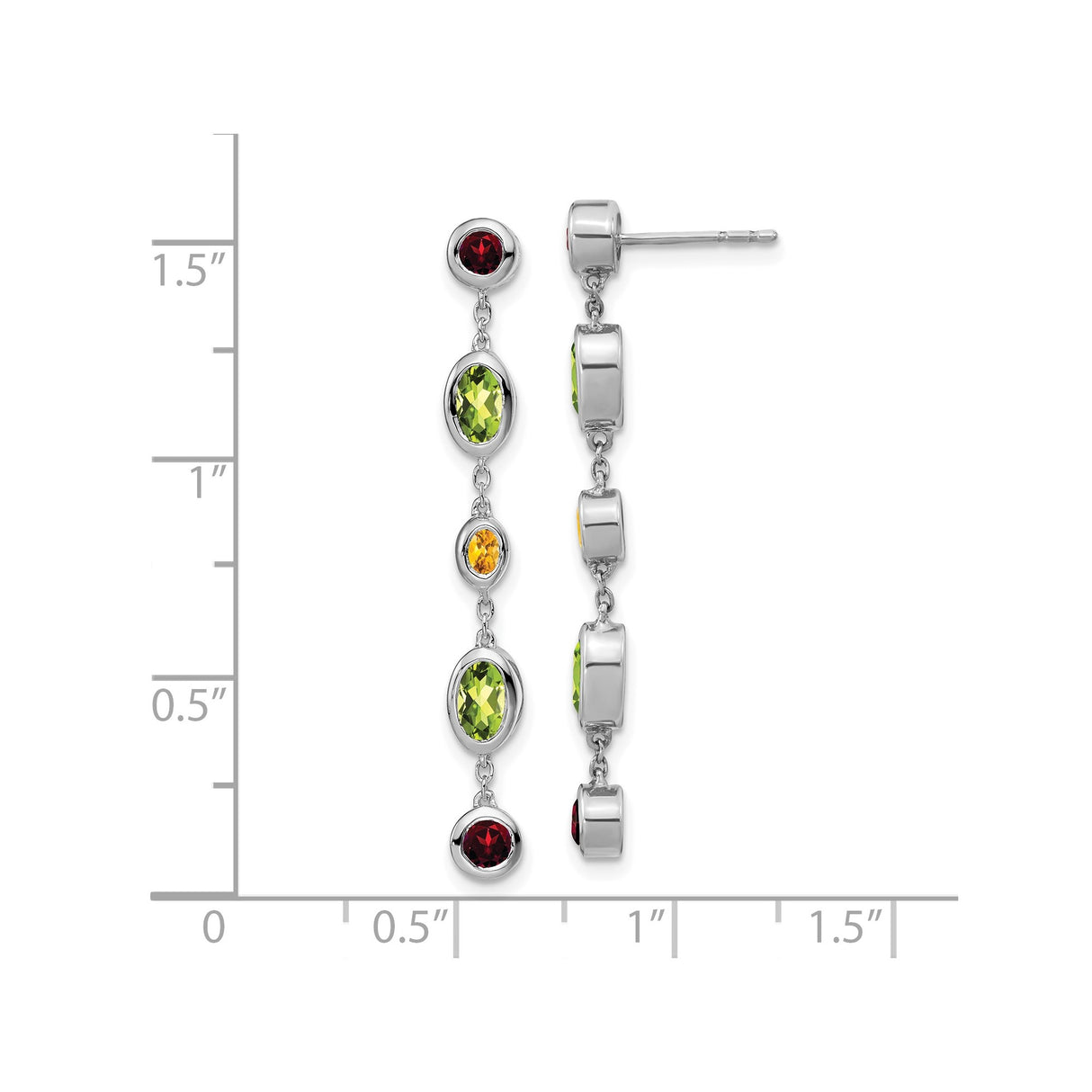 14k White Gold Dangle Earrings with Peridot and Garnet, Contemporary Multicolor Design