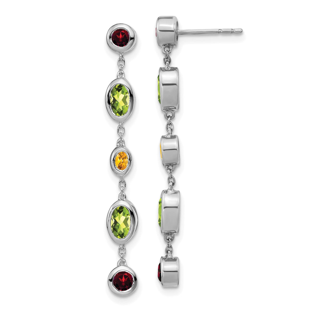 14k White Gold Dangle Earrings with Peridot and Garnet, Contemporary Multicolor Design