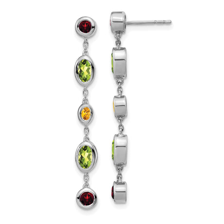 14k White Gold Dangle Earrings with Peridot and Garnet, Contemporary Multicolor Design