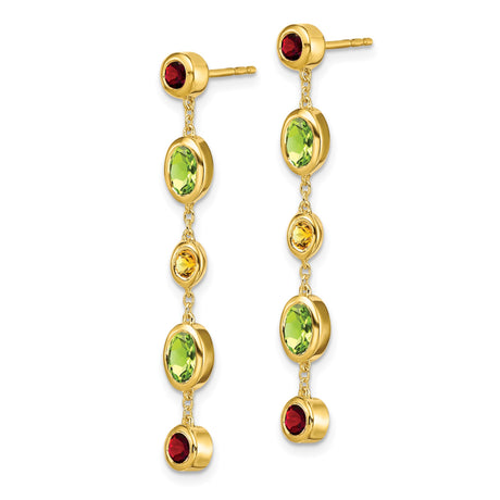 14k Yellow Gold Dangle Earrings with Peridot and Garnet Bezel-Set Multicolor Gemstones