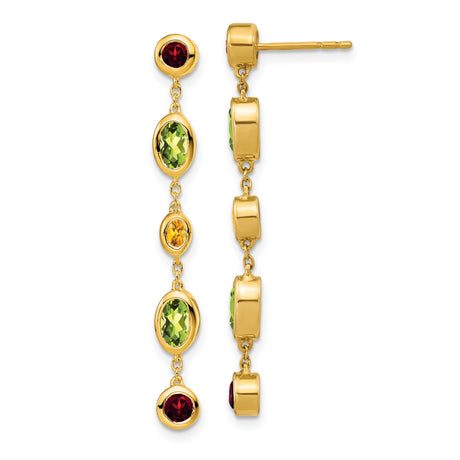14k Yellow Gold Dangle Earrings with Peridot and Garnet Bezel-Set Multicolor Gemstones