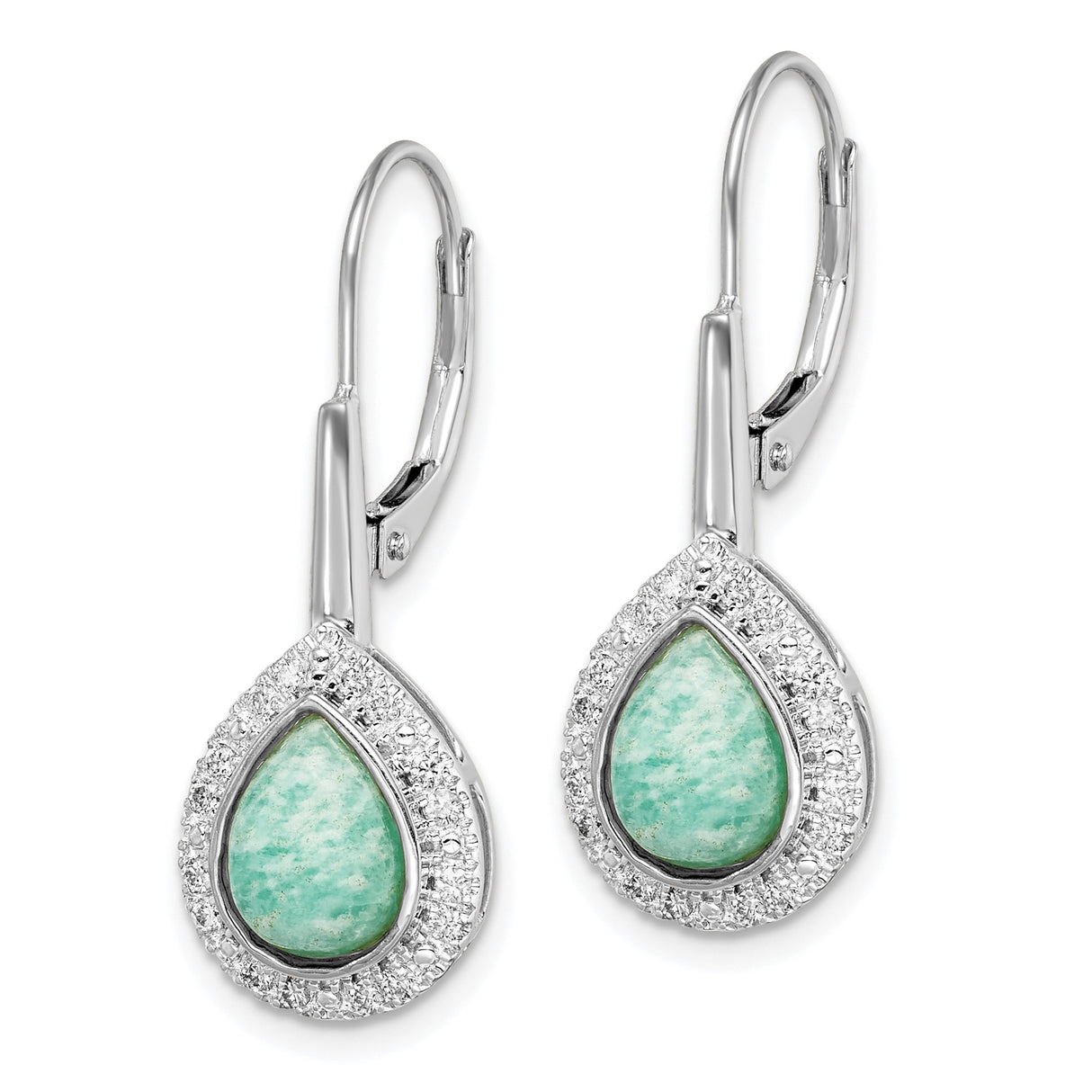14k White Gold Drop Earrings with Amazonite and Diamond Halo Leverback Design