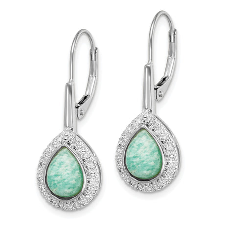 14k White Gold Drop Earrings with Amazonite and Diamond Halo Leverback Design