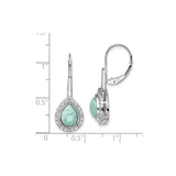 14k White Gold Drop Earrings with Amazonite and Diamond Halo Leverback Design