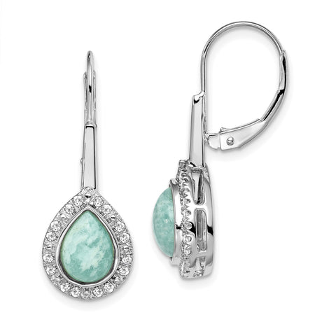 14k White Gold Drop Earrings with Amazonite and Diamond Halo Leverback Design