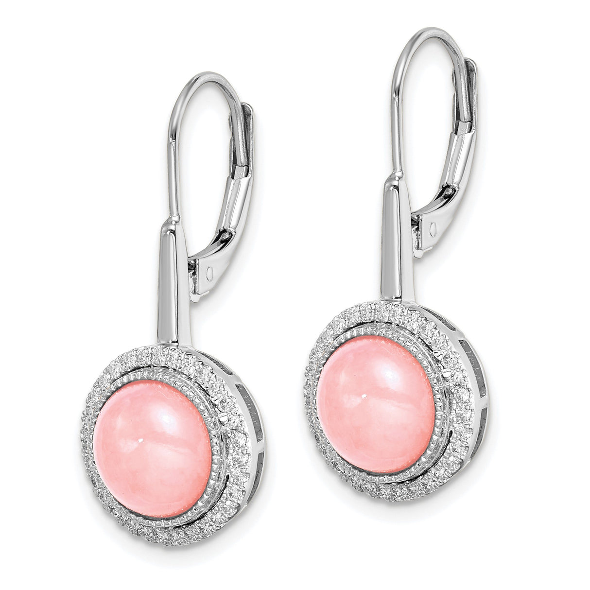 14k White Gold Leverback Earrings with Pink Quartz and Diamond Halo Drop Design
