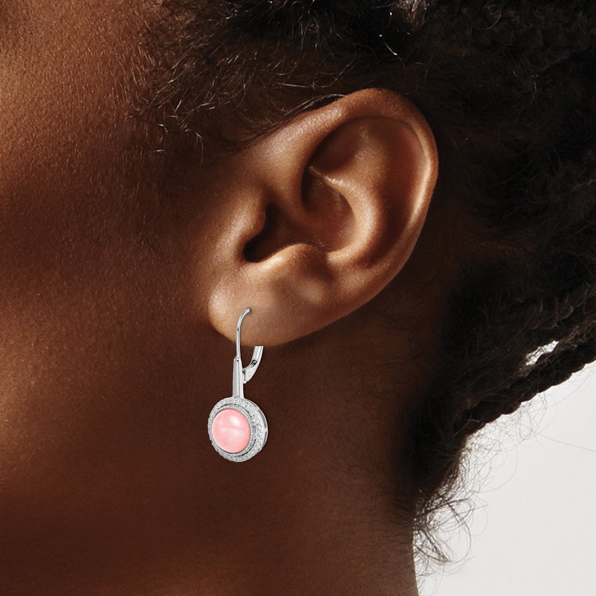 14k White Gold Leverback Earrings with Pink Quartz and Diamond Halo Drop Design