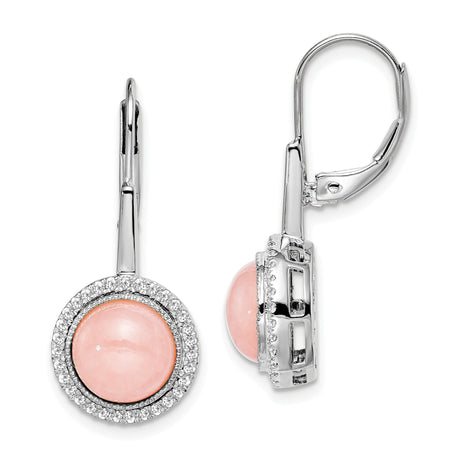 14k White Gold Leverback Earrings with Pink Quartz and Diamond Halo Drop Design