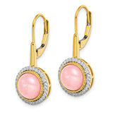 14k Yellow Gold Dangle Earrings with Pink Quartz Cabochon and Diamond Halo