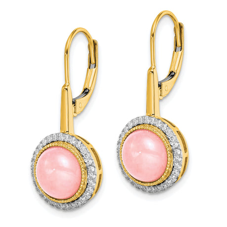 14k Yellow Gold Dangle Earrings with Pink Quartz Cabochon and Diamond Halo