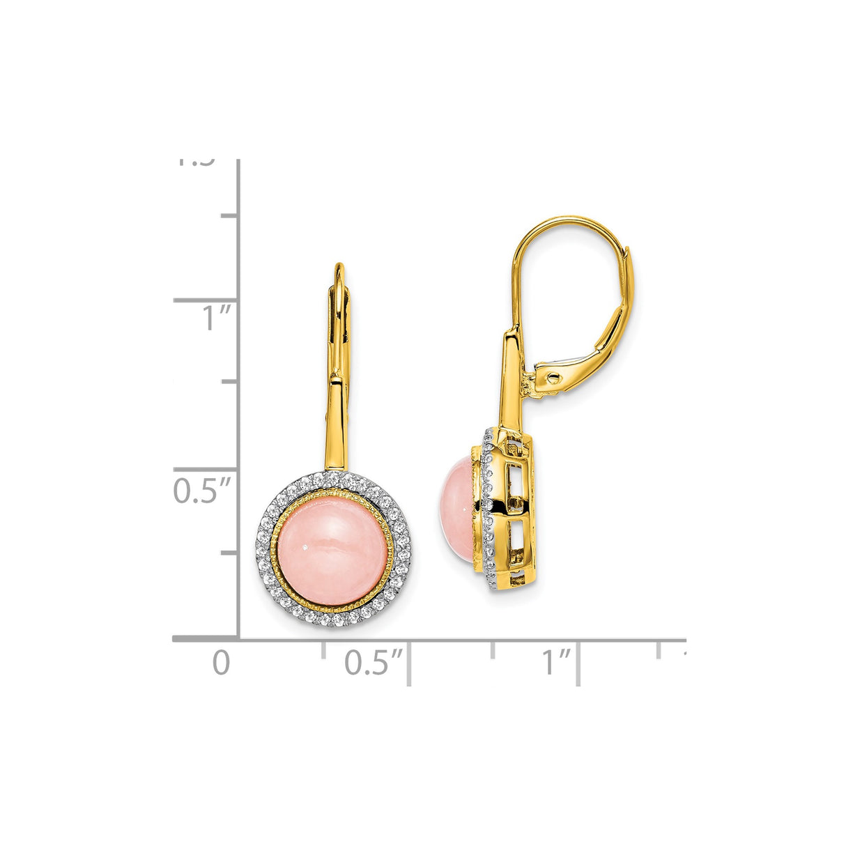 14k Yellow Gold Dangle Earrings with Pink Quartz Cabochon and Diamond Halo