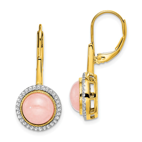 14k Yellow Gold Dangle Earrings with Pink Quartz Cabochon and Diamond Halo