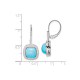 14k White Gold Leverback Earrings with Cushion Cut Turquoise and Diamond Halo
