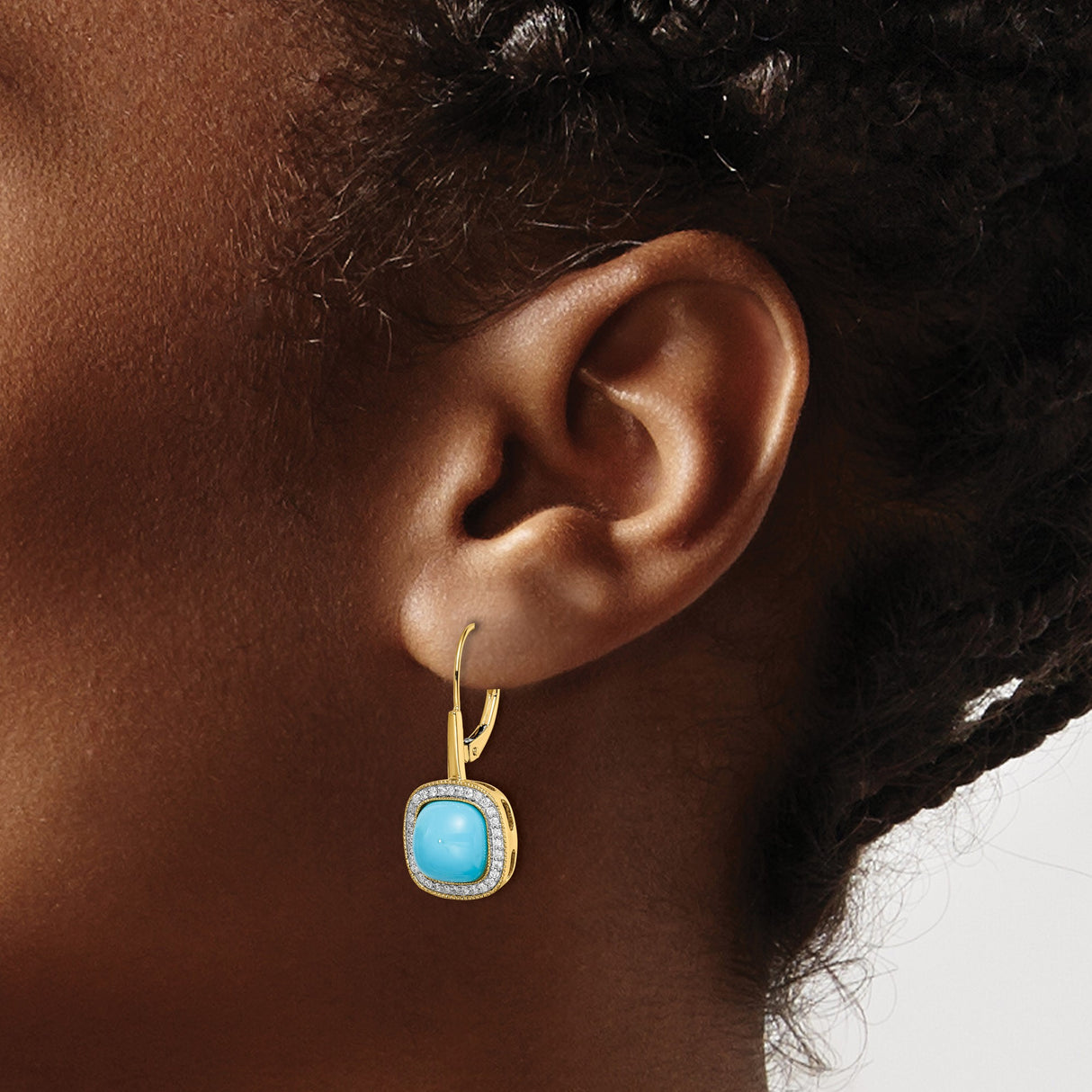 14k Yellow Gold Dangle Earrings with Cushion Cut Turquoise and Diamond Halo Accents