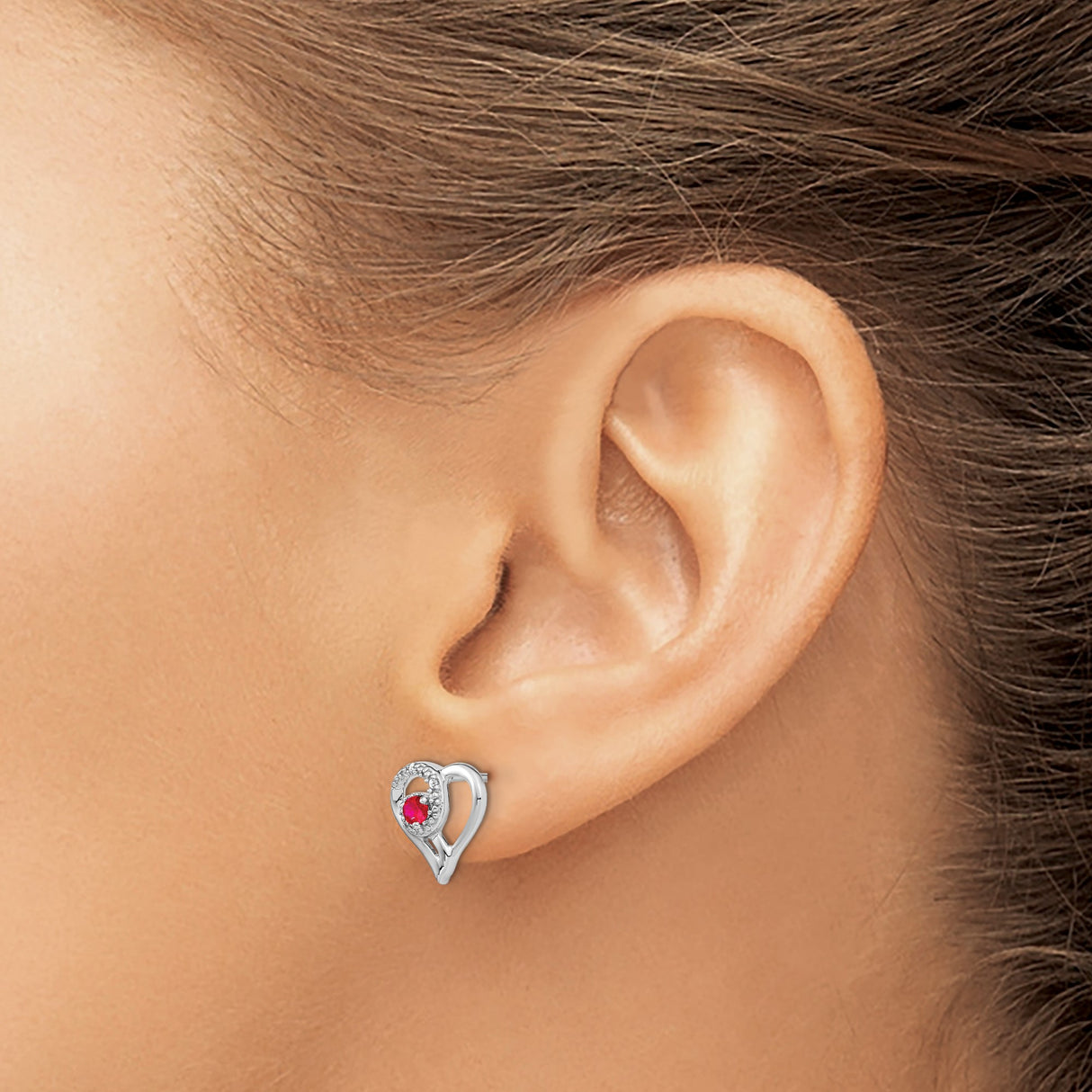 14k White Gold Heart Shaped Stud Earrings with Ruby Center and Diamond Accents