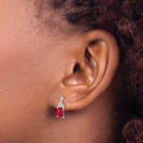 14k White Gold Dangle Earrings with Emerald Cut Ruby, Diamond Accents, Swirl Top Design