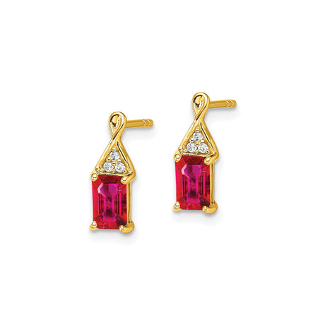 14k Yellow Gold Dangle Stud Earrings with Ruby and Diamond Accents, Twisted Ribbon Design
