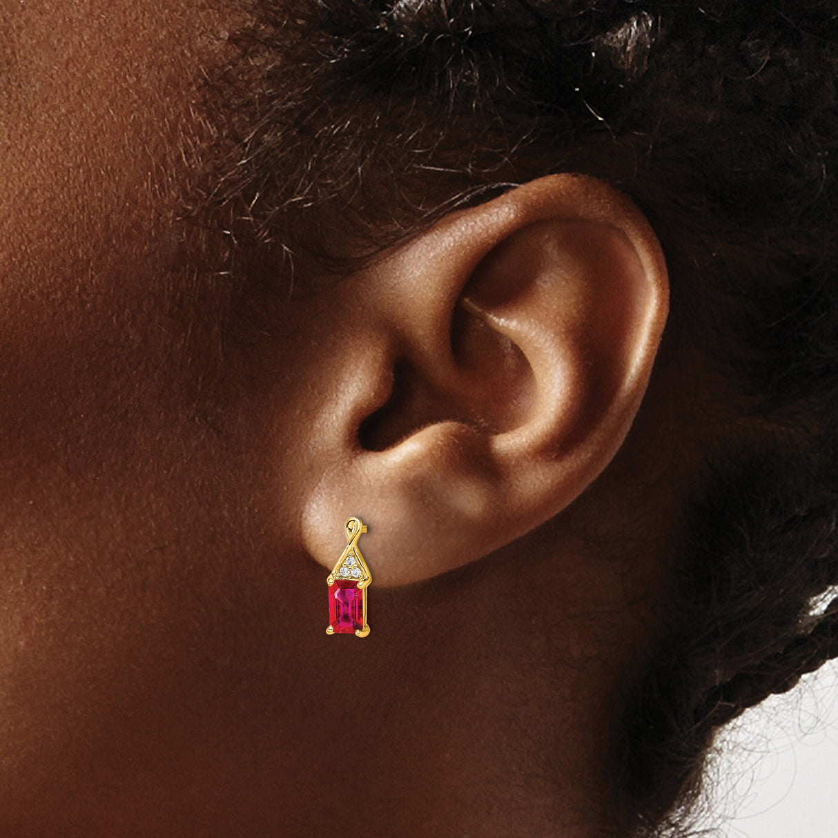 14k Yellow Gold Dangle Stud Earrings with Ruby and Diamond Accents, Twisted Ribbon Design